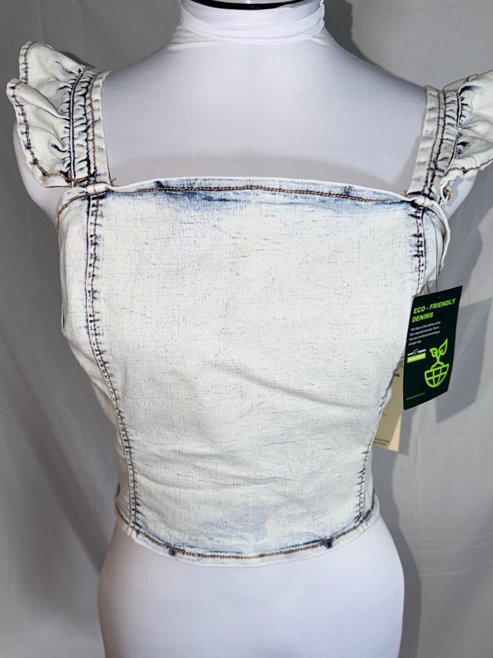 Love Trends Backless Ruffled straps tie-back stretch denim crop top